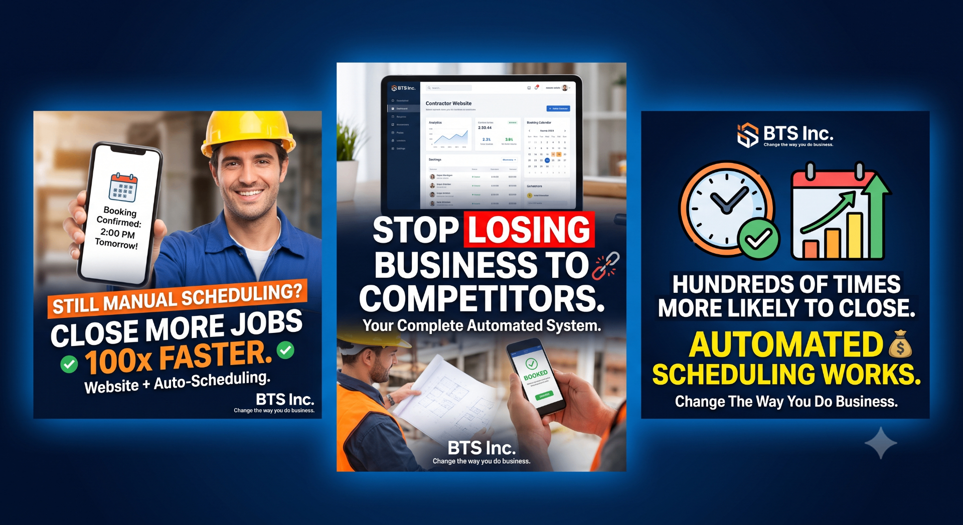 BTS Inc. ads: Close more jobs 100x faster, Stop losing business to competitors, Automated scheduling works