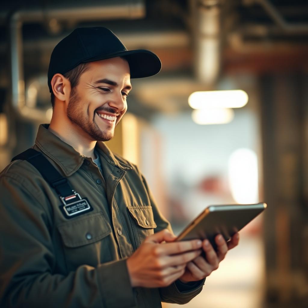 Field service repair technician using a tablet on a job site