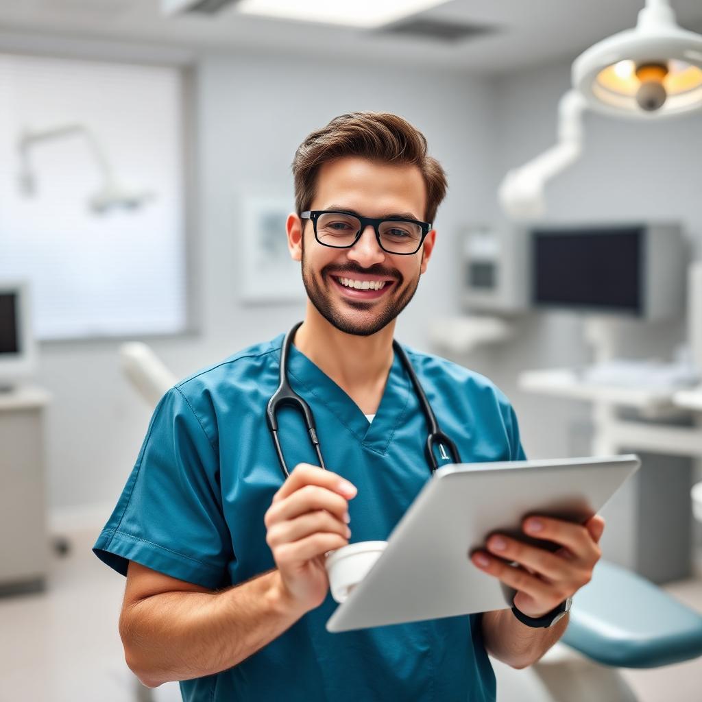 Dentist using a tablet in a modern dental office