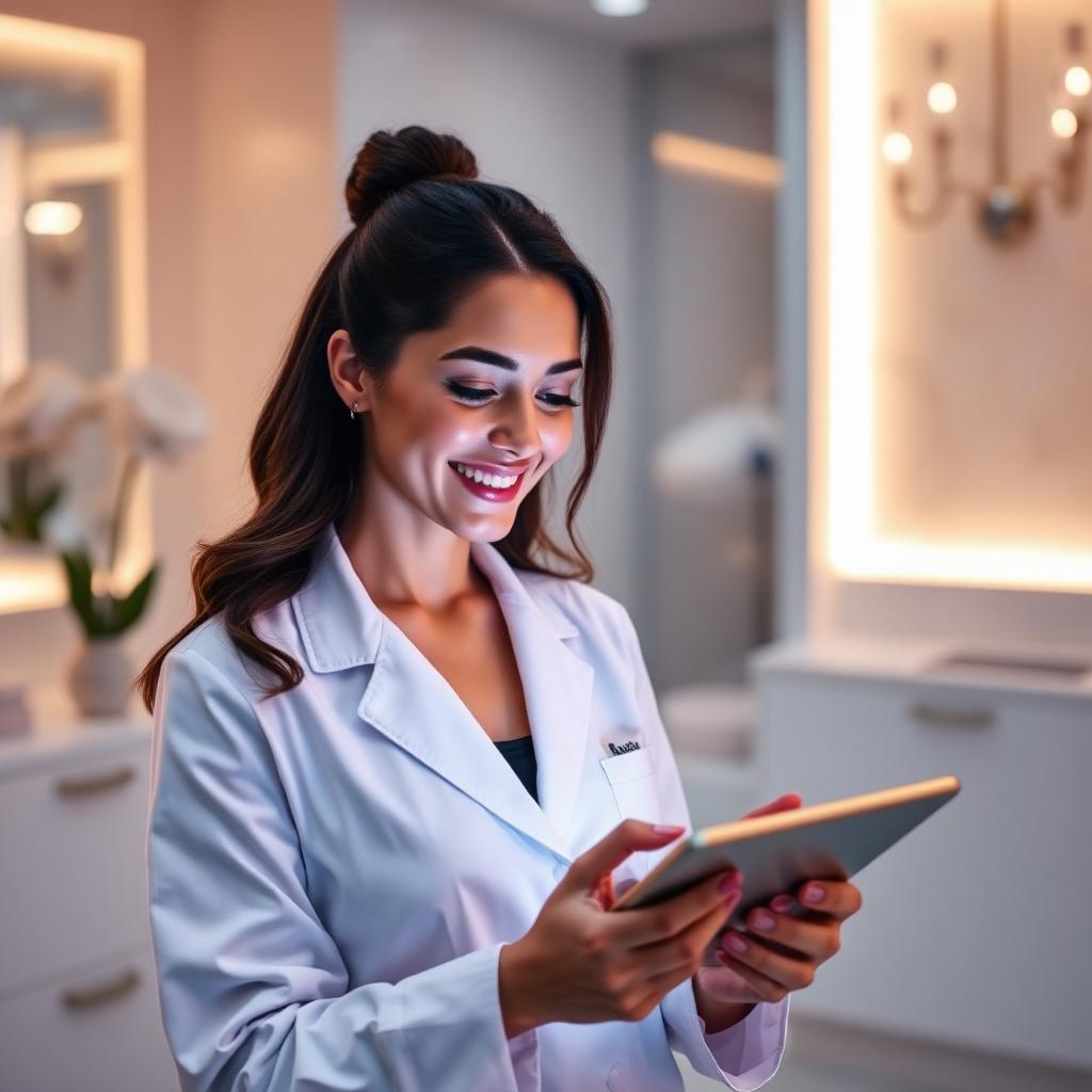 Med spa aesthetician using a tablet in a luxury treatment room